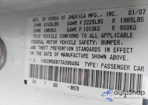 2007 Honda Accord Ex from USA, damaged, VIN 1HGCM56877A096484